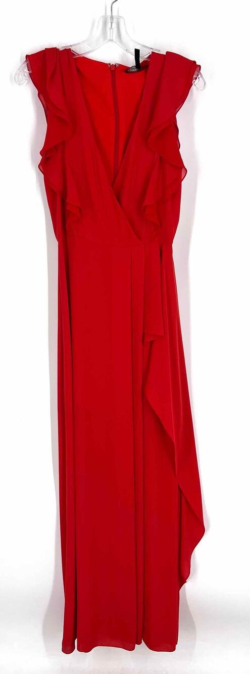 BCBGMaxazria Size 2 Red-Orange Ruffles Polyester AS IS Designer Dress Maxi